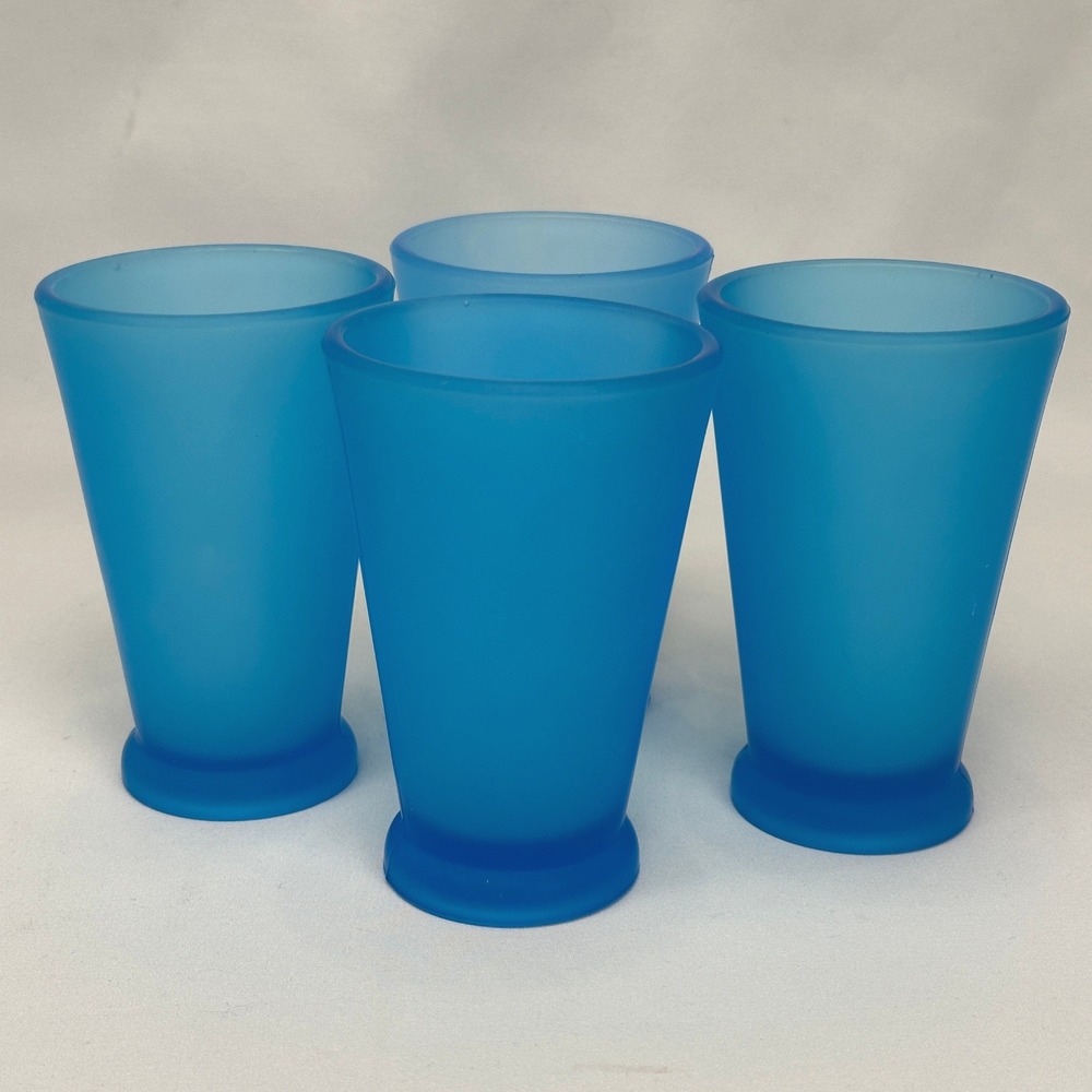 Starbucks Vintage 90s Mod Frosted Blue Teal Footed Glass Tumbler Cup Set of 4